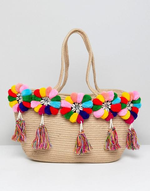 America & Beyond - Borsa Da Spiaggia Strutturata Con Pompon Multicolori - Multicolore