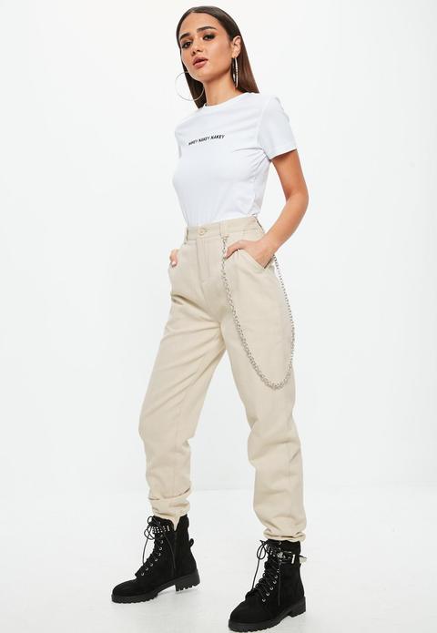 Beige Chain Detail Cargo Trousers, Cream