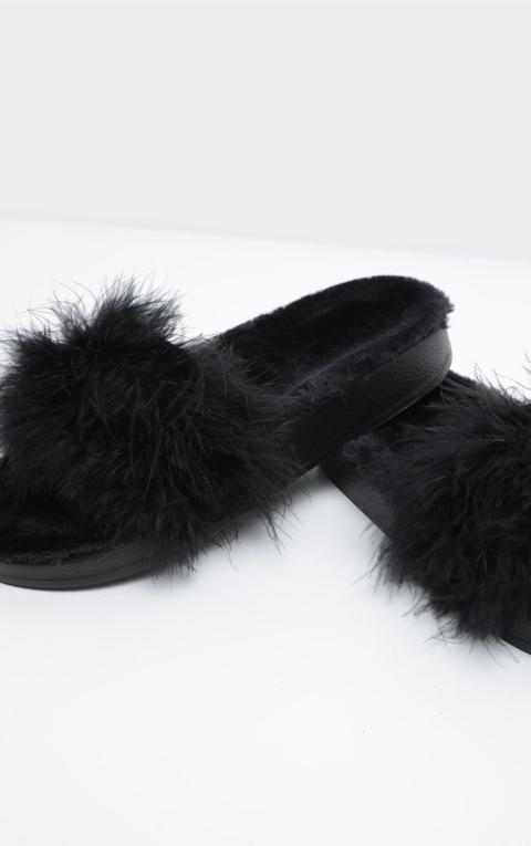 Black Faux Fur Lined Feather Sliders, Black