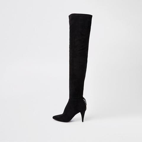 Black Over The Knee Lace Back Slim Heel Boots