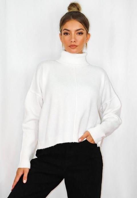 Recycled White Seam Front Roll Neck Knitted Jumper, White