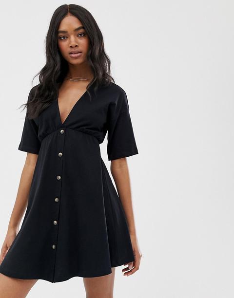 Asos Design Mini Cotton Tea Dress With Buttons