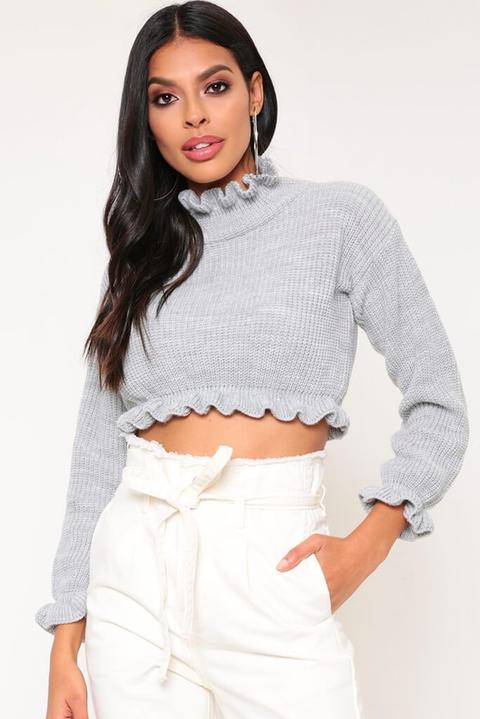 Grey Ruffle Hem Cropped Jumper