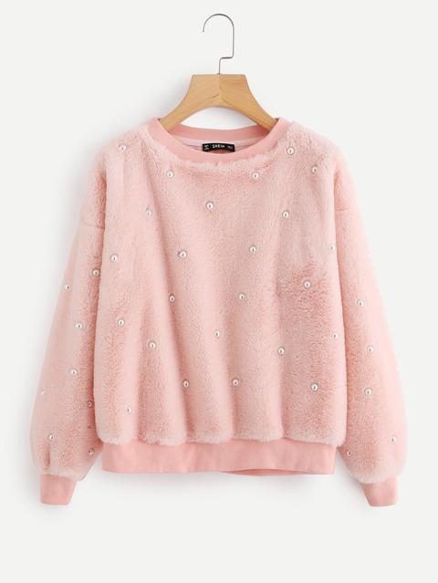 Drop Shoulder Allover Pearl Faux Fur Sweatshirt