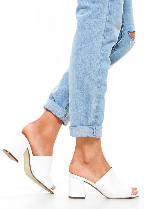 White Faux Suede Mid Flared Heel Peep Toe Mules