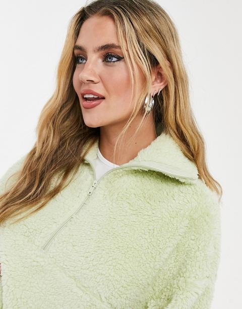 Monki Amalia Recycled Fleece Sweatshirt With Zip Funnel Neck In Sage Green