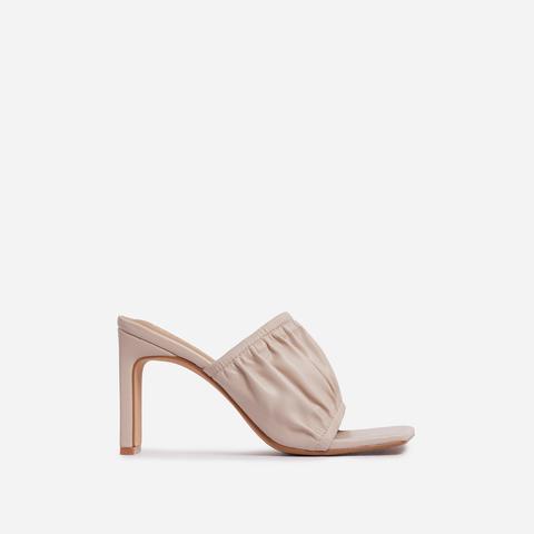 Cobblestone Ruched Square Toe Heel Mule In Nude Faux Leather, Nude