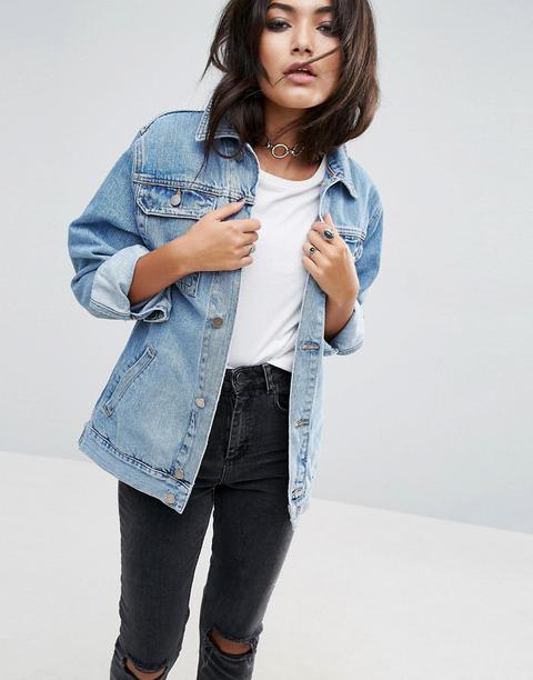 Asos Design - Giacca Girlfriend Di Jeans Blu Stone Wash - Blu