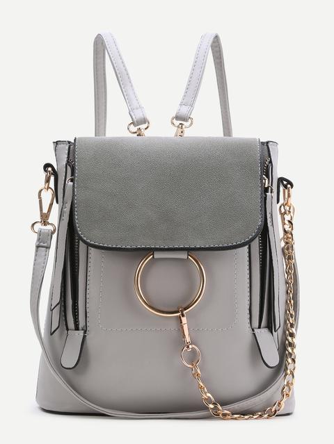 Mochila Pu Con Diseño De Anillo Con Correa Convertible Gris