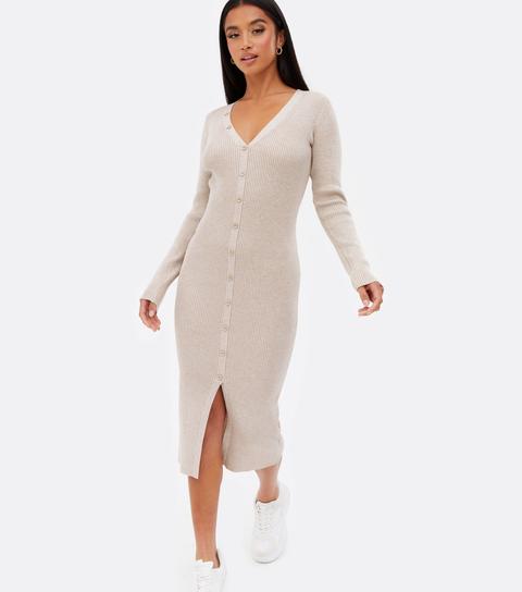 Petite Cream Ribbed Knit Button Front Midi Dress New Look