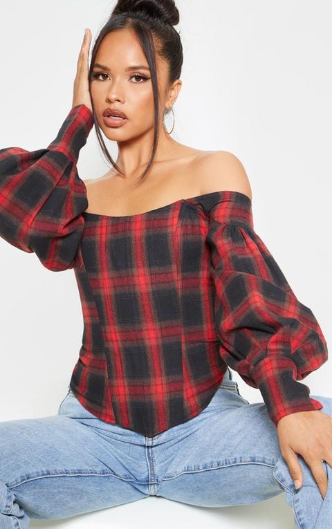 Red Check Bardot Balloon Sleeve Corset Top