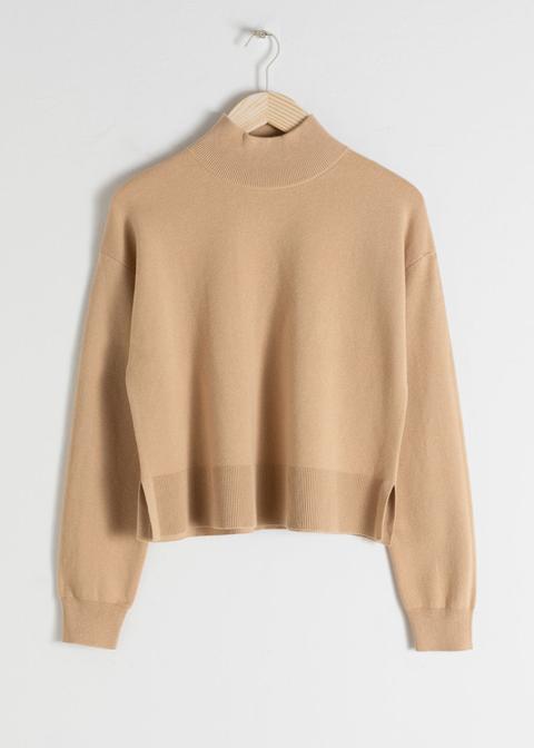 Wool Blend Mock Neck Sweater - Beige