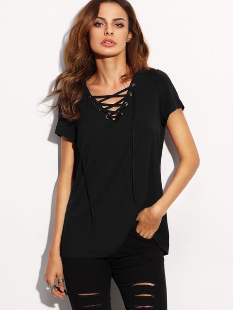 Black Lace Up V Neck T-shirt