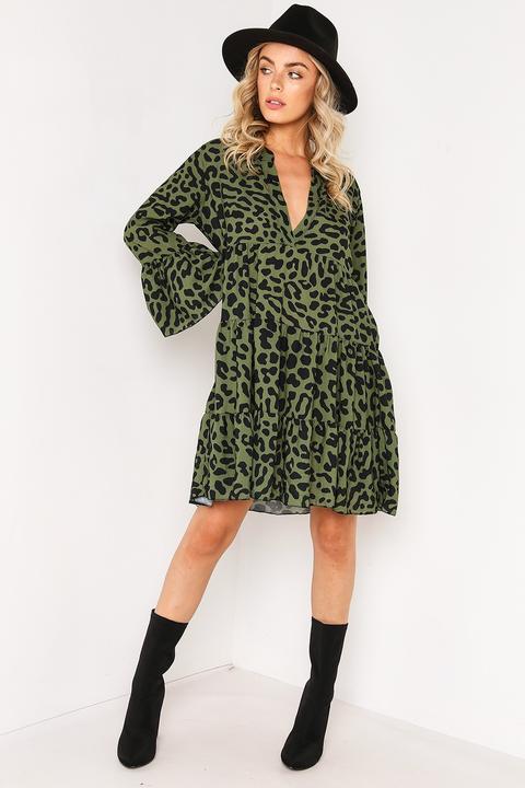 Green Leopard Print Smock Dress from Lasula on 21 Buttons