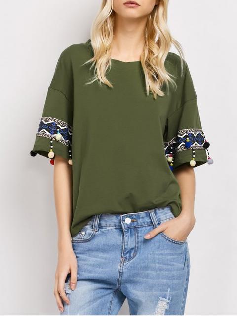 Embroidered Pompom Sleeve Tee