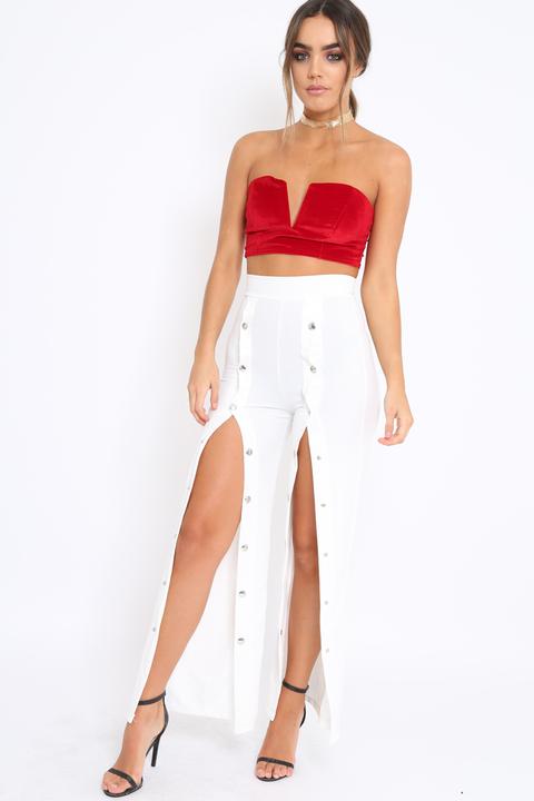 White High Waist Flare Trousers With Popper Detail -tamy