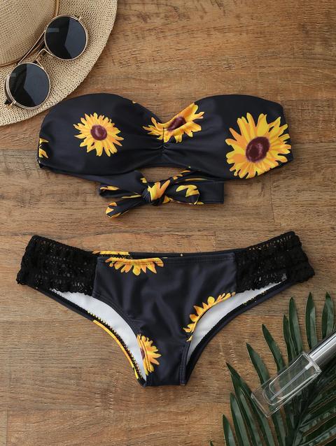 Bikini A Fascia Push Up Con Stampa Di Girasole Black