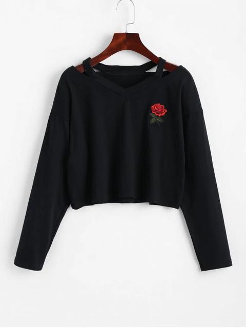 Sudadera Bordada Rosa De Los Remiendos Del Hombro