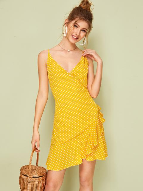 Vestido Slip Cruzado Bajo Fruncido De Lunares