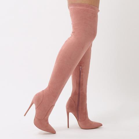 Sonar Pointed Toe Over The Knee Boots In Rose Pink Faux Suede