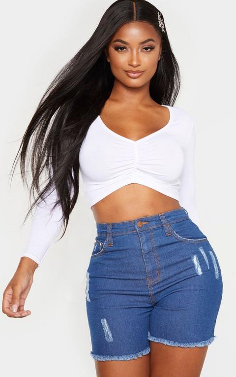 Shape White Long Sleeve Ruched Front Crop Top