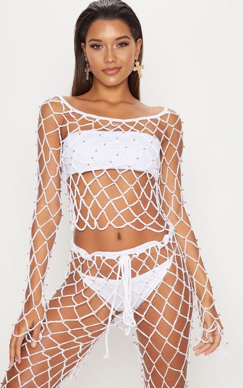 White Crochet Beaded Long Sleeve Top, White