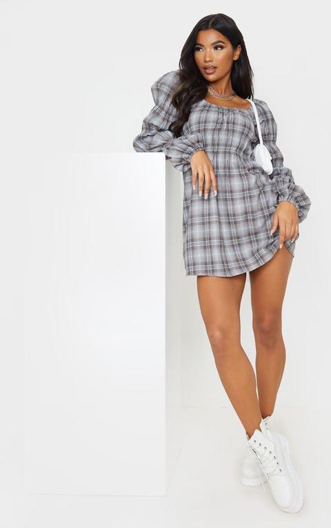 Grey Check Print Elastic Detail Long Sleeve Shift Dress