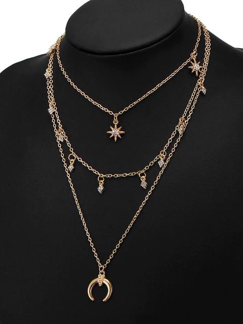 Collana Tribale A Strati Con Diamante Artificiale E Motivo A Sole E Luna Silver Golden