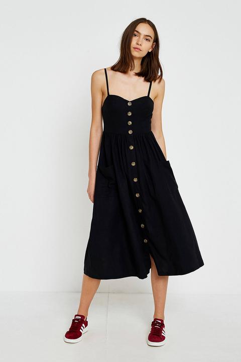 Uo Emilia Black Button-through Midi Dress - Womens Xs