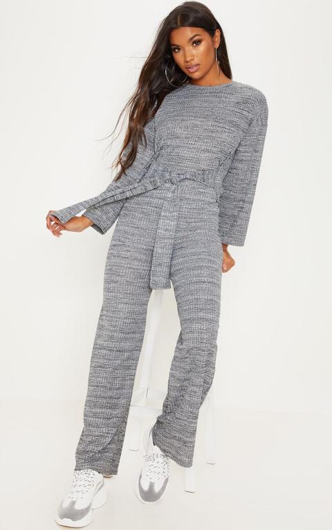 Grey Rib Crew Neck Long Sleeve Jumpsuit