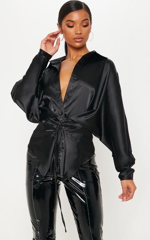 Black Corset Detail Satin Shirt, Black