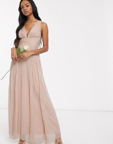 Vestido Largo De Dama De Honor Con Diseño Drapeado, Cuerpo Fruncido Y Cintura Cruzada De Asos Design-rosa