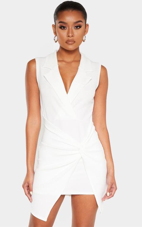 White Sleeveless Twist Front Plunge Blazer Dress