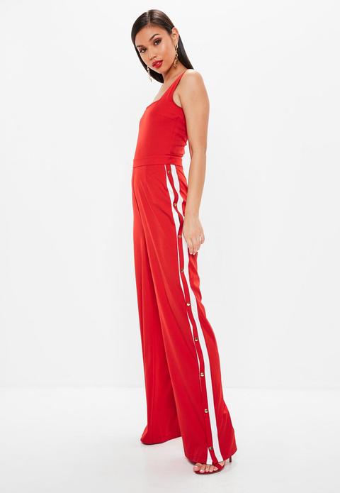 Red Stripe Popper Jumpsuit, Red