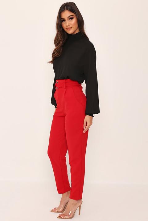 Red D Ring Belted High Waist Trousers