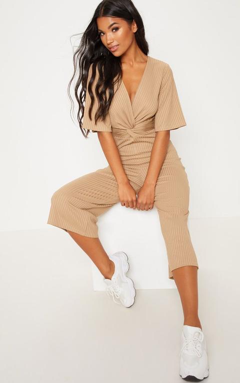 Deep Stone Ribbed Twist Detail Culotte Jumpsuit