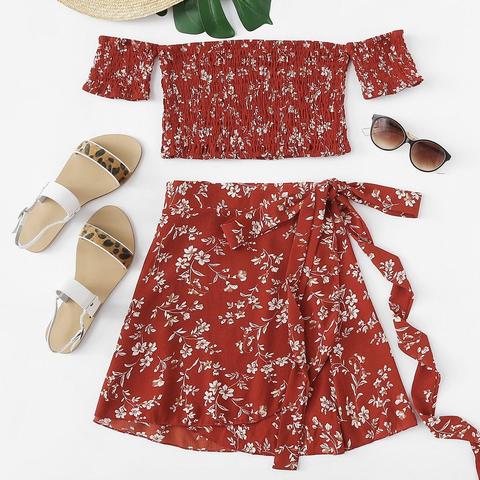 Floral Off The Shoulder Top With Skirt