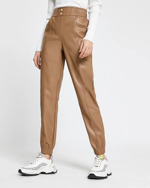 Beige Faux Leather Slim Leg Joggers