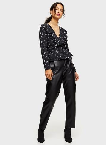 Womens Black Floral Ruffle Blouse, Black