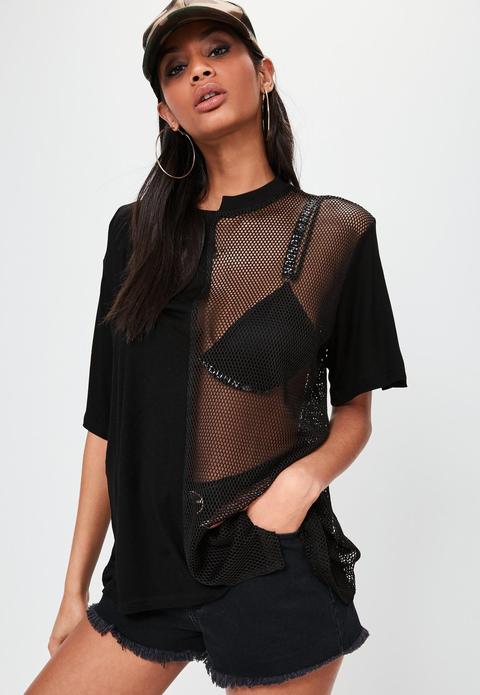 Londunn + Missguided Black Spliced Mesh Jersey T-shirt, Black