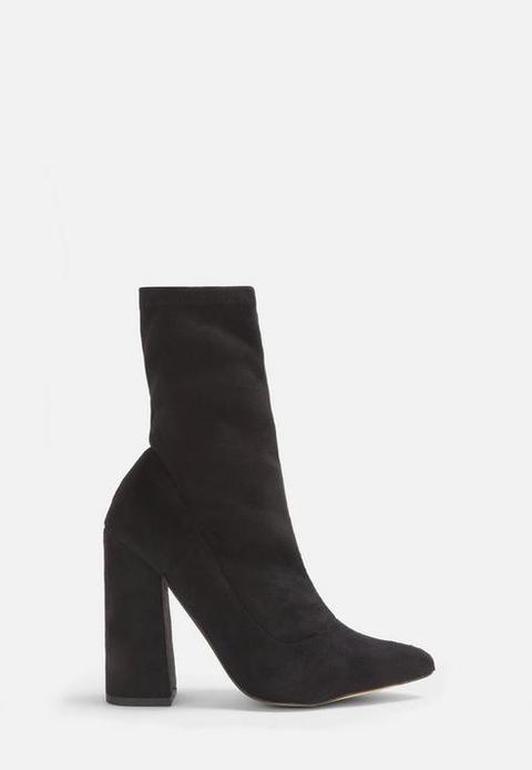 Black Faux Suede Flared Heel Sock Boots, Black