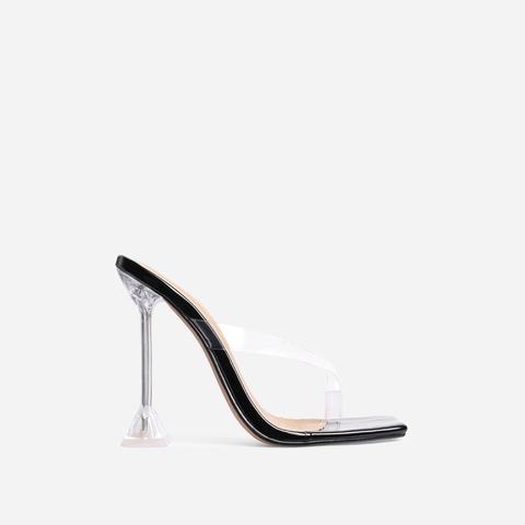 Jalen Square Toe Thong Clear Perspex Sculptured Heel Mule In Black Patent, Black