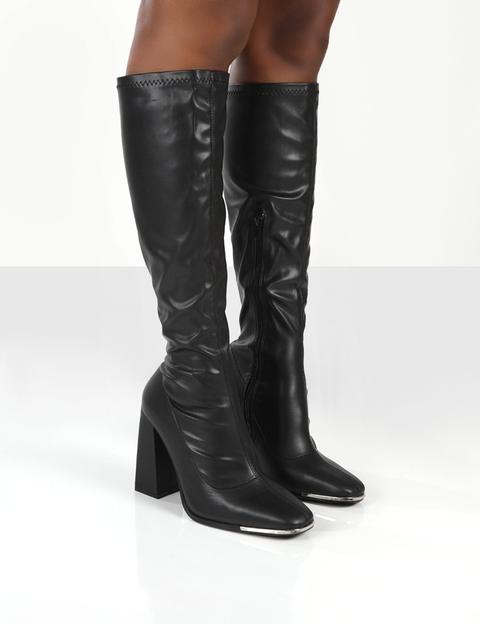 Caryn Black Pu Knee High Heeled Boot