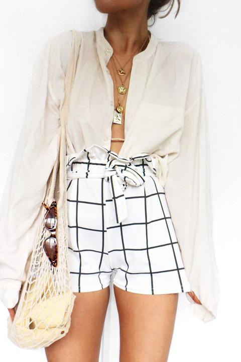 White Check Paper Bag Shorts - Nila