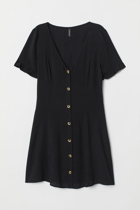 Vestido De Viscosa Cuello En V - Negro