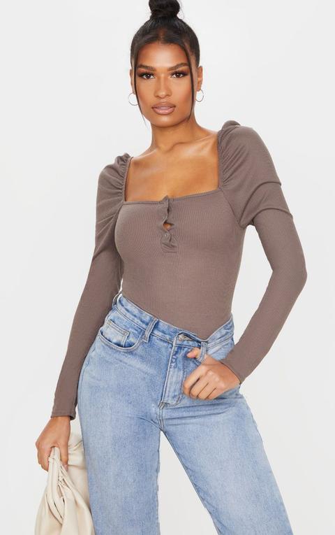 Mocha Rib Puff Long Sleeve Bodysuit