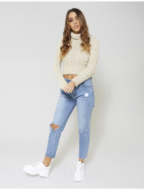 Beige Roll Neck Cable Knitted Cropped Jumper