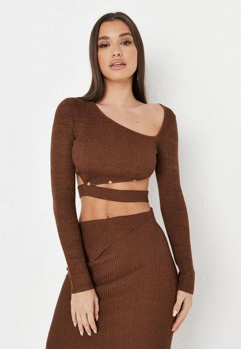 Chocolate Co Ord Rib Knit Asymmetric Cut Out Crop Top, Brown