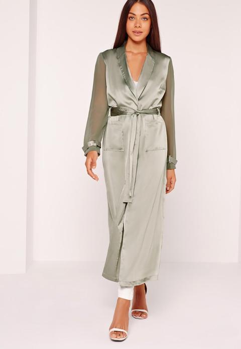 Two Tone Satin Chiffon Belted Duster Coat Green