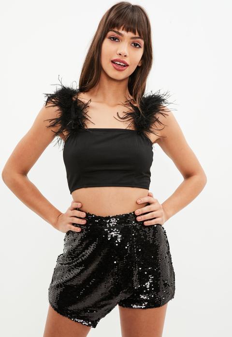 Black Feather Strap Crepe Crop Top